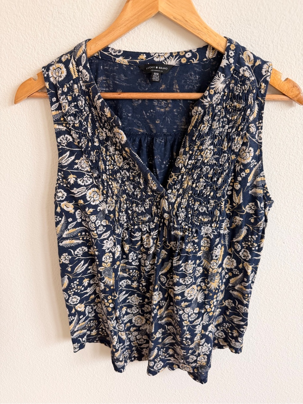 Lucky Brand Navy and Beige Floral Smocked Sleeveless Camisole
